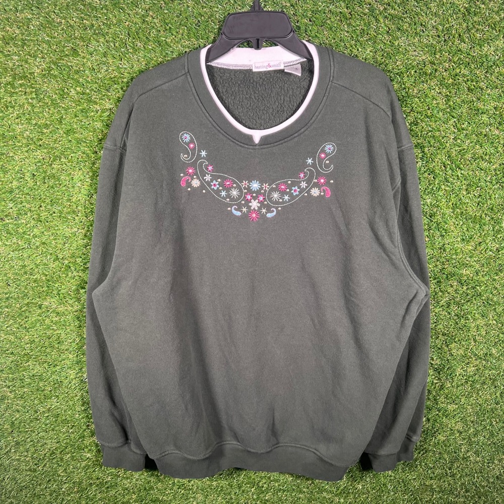 Hastings Smith Women's 2X Green Embroidered V Neck‎ Sweatshirt Fleece Lined